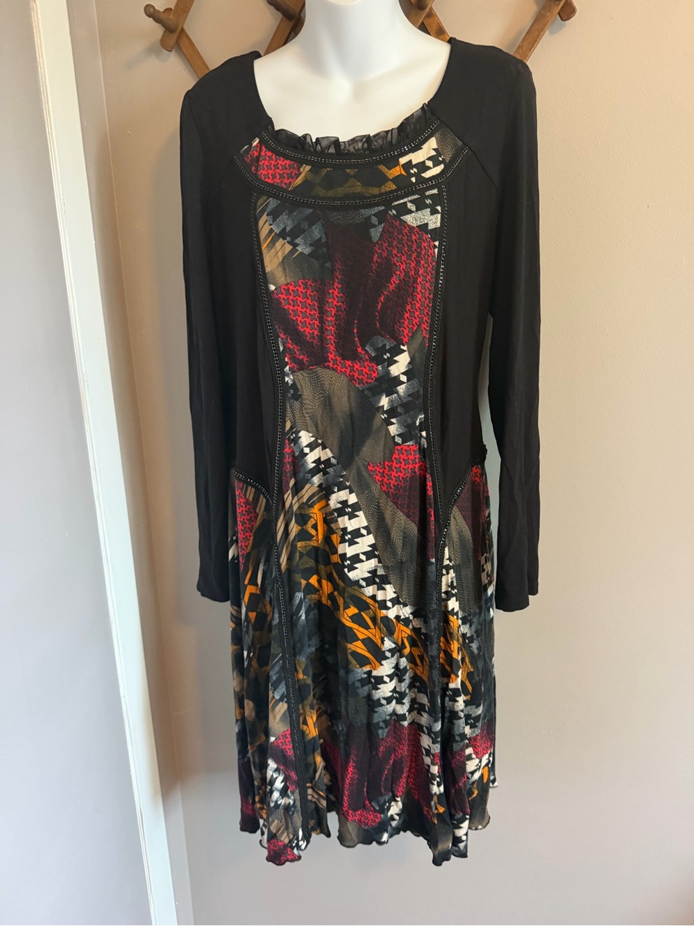 SIMON CHANG Lagenlook Geometric Patchwork Midi Dress Multimaterial vintage L